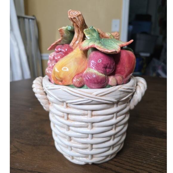 Fitz & Floyd Basket Weave Cookie Jar / Canister - Apple Plums Pear Grape 10 X 8 - Picture 1 of 16